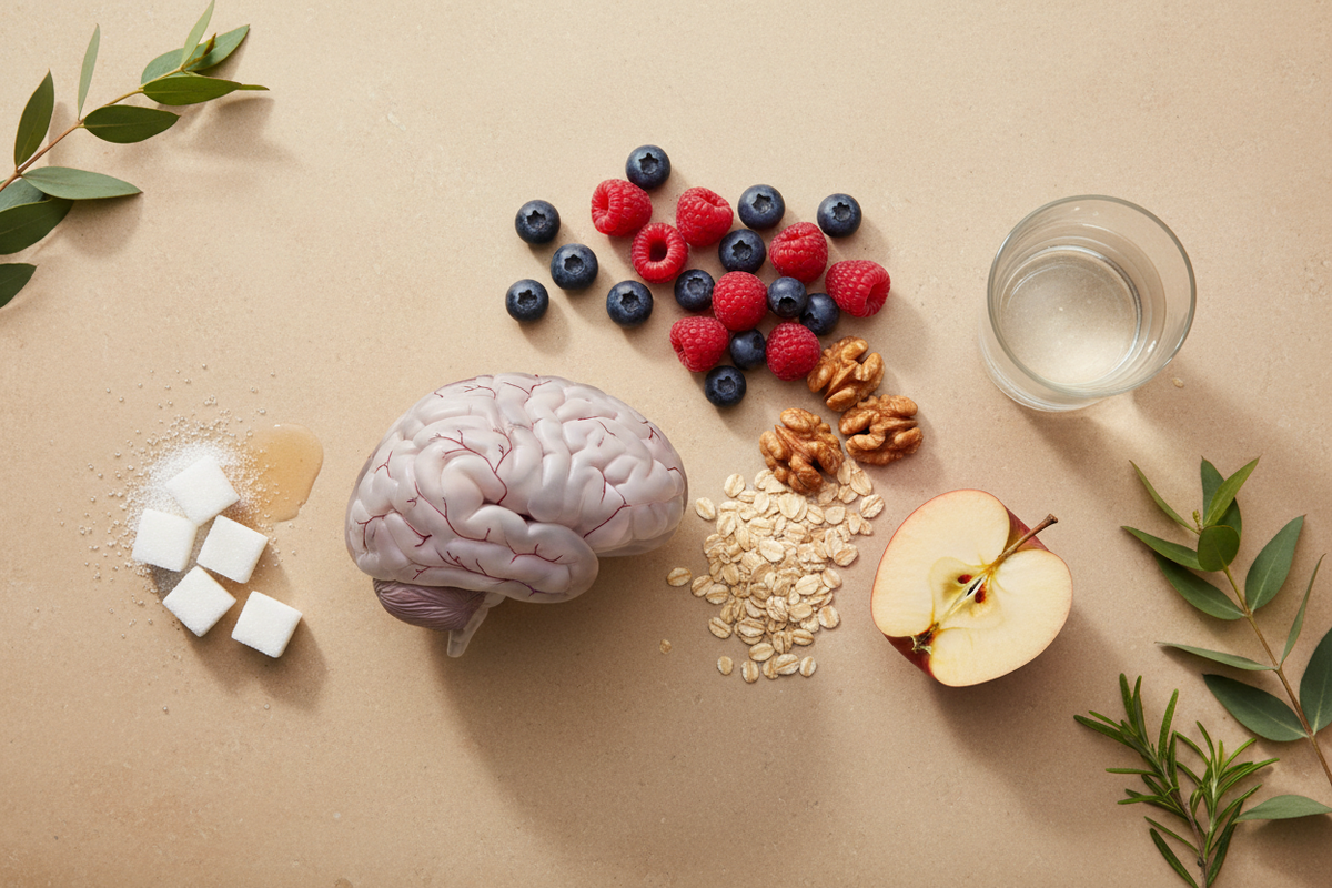 Addiction au sucre, cerveau et dopamine avec aliments sucrés et alimentation équilibrée pour stabiliser la glycémie