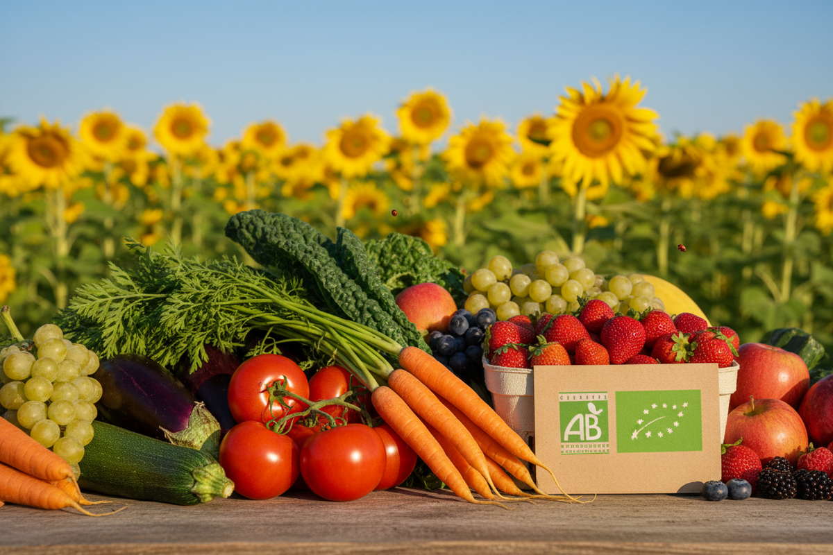 Légumes et fruits certifiés AB avec étiquette eurofeuille, champ biologique en arrière-plan — Agriculture biologique certifiée : label AB et certification européenne