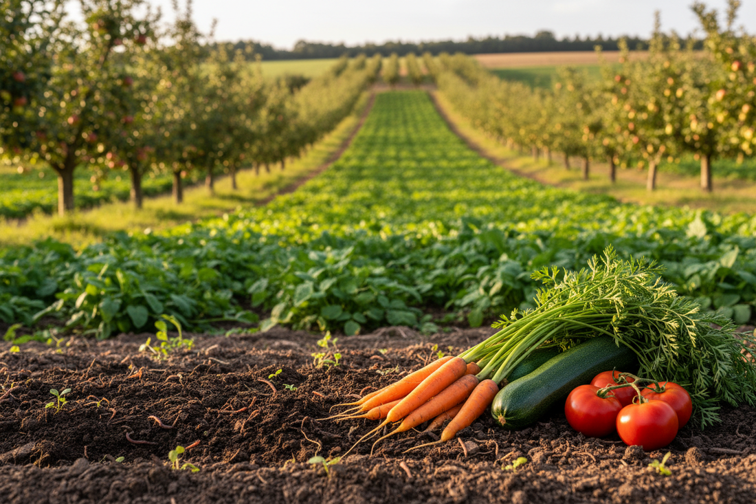Légumes frais bio sur sol vivant avec arbres en agroforesterie — Agriculture biologique : guide complet des différentes formes