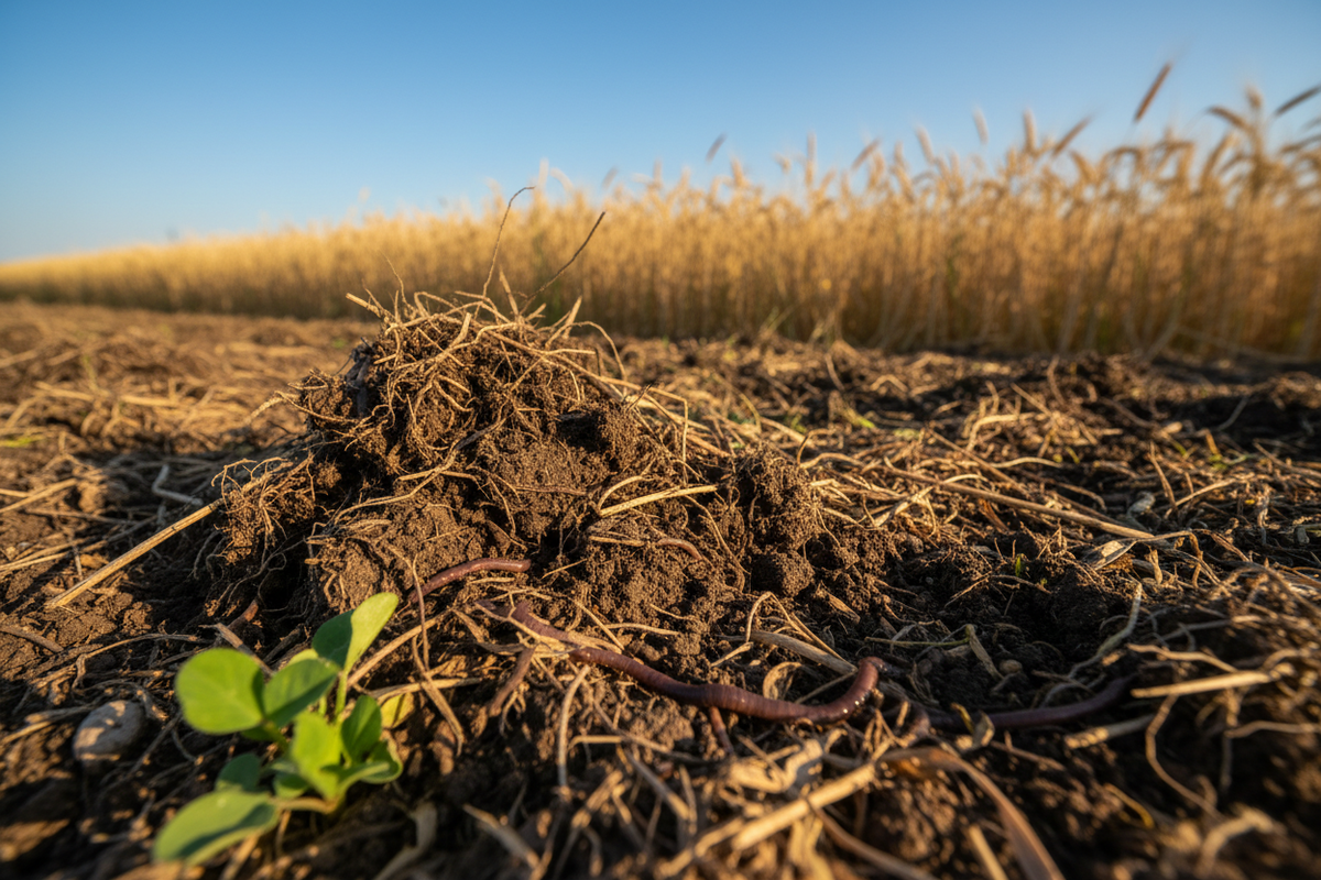 Sol riche et sombre recouvert de couverts végétaux et de racines de légumineuses, champ de céréales en arrière-plan — Agriculture de conservation : sols vivants, no-till et santé naturelle