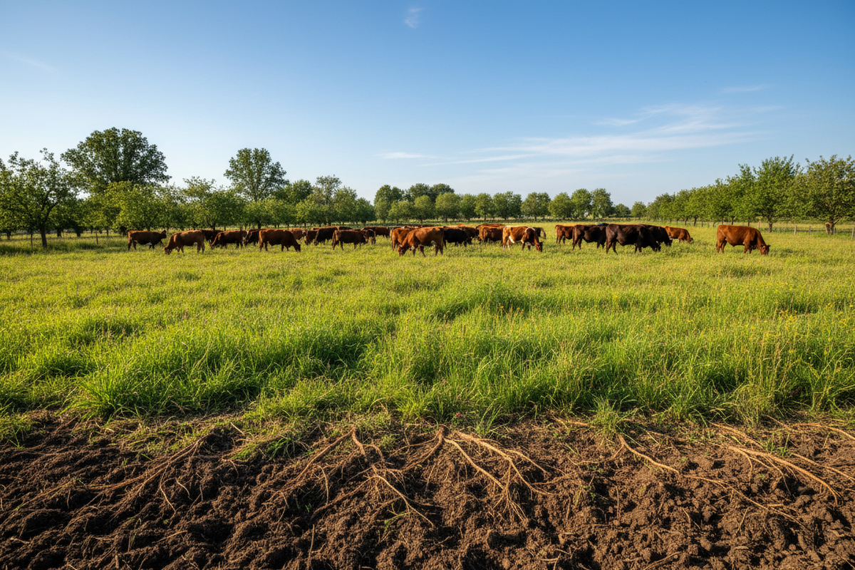 Troupeau en pâturage tournant sur prairie diversifiée avec arbres d'agroforesterie en arrière-plan — Agriculture régénératrice : carbone, sols vivants et santé naturelle