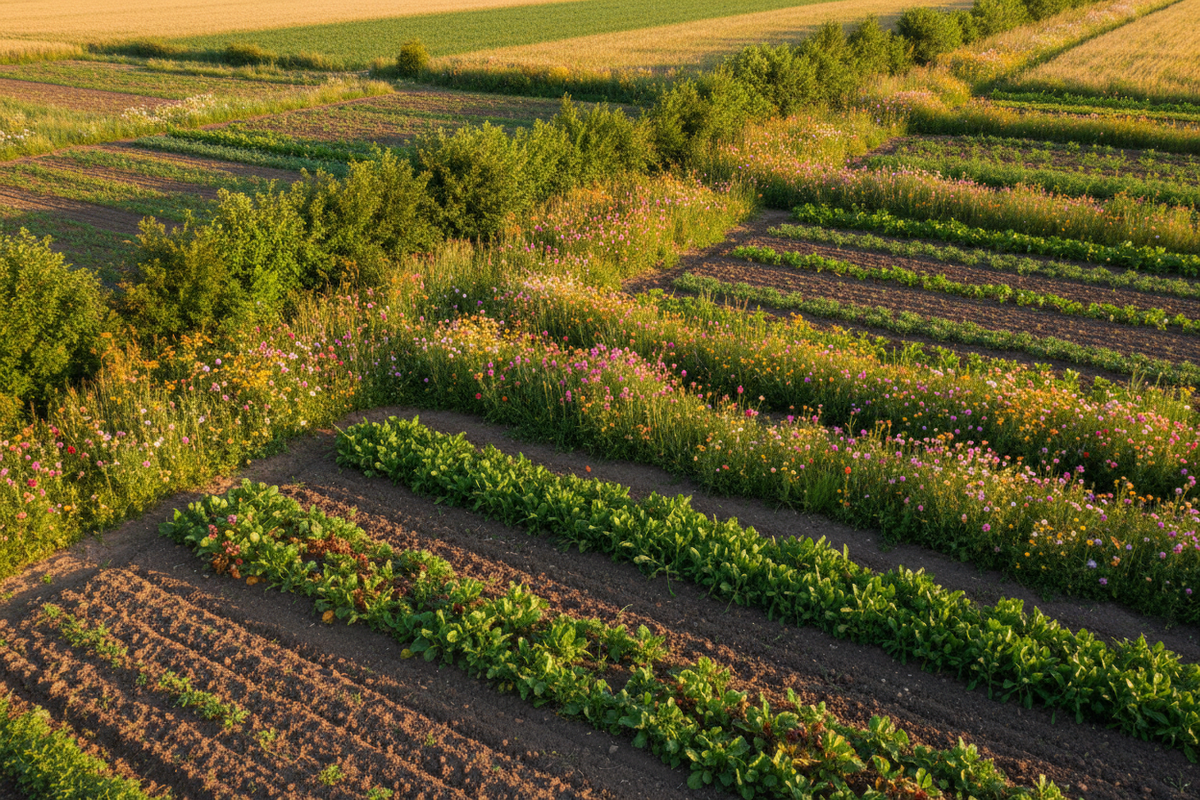 Parcelle agricole diversifiée avec haies bocagères, bandes fleuries et cultures associées — Agroécologie : définition, pratiques et liens avec la santé naturelle