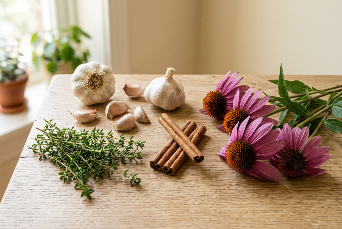 Gousses et têtes d’ail, brins de thym, bâtons de cannelle et fleurs d’échinacée sur une table en bois clair.