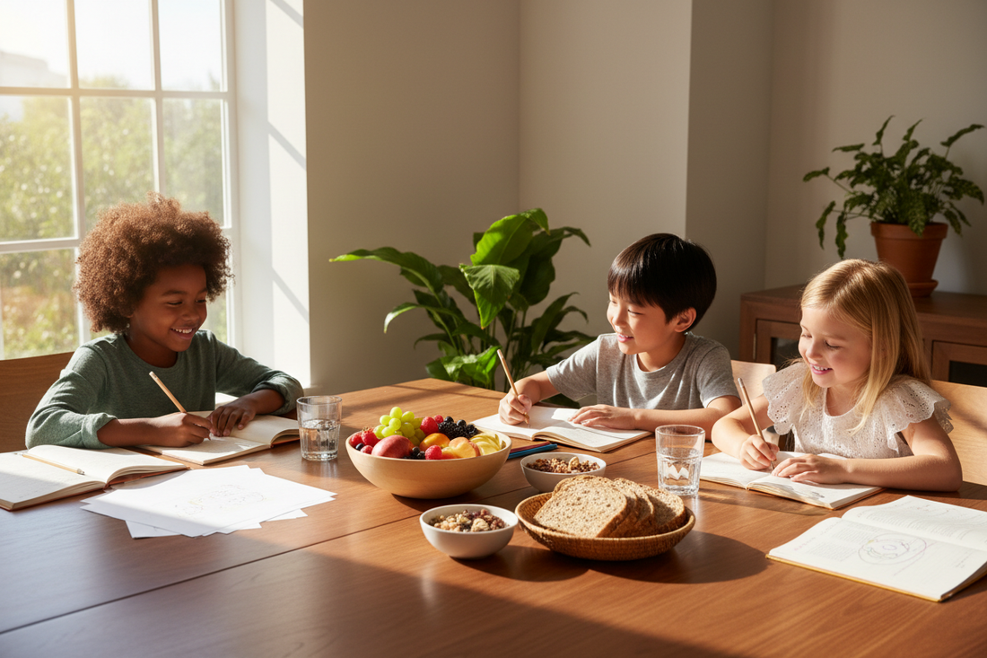 Enfants de différentes origines faisant leurs devoirs ensemble avec des collations saines — alimentation et concentration scolaire