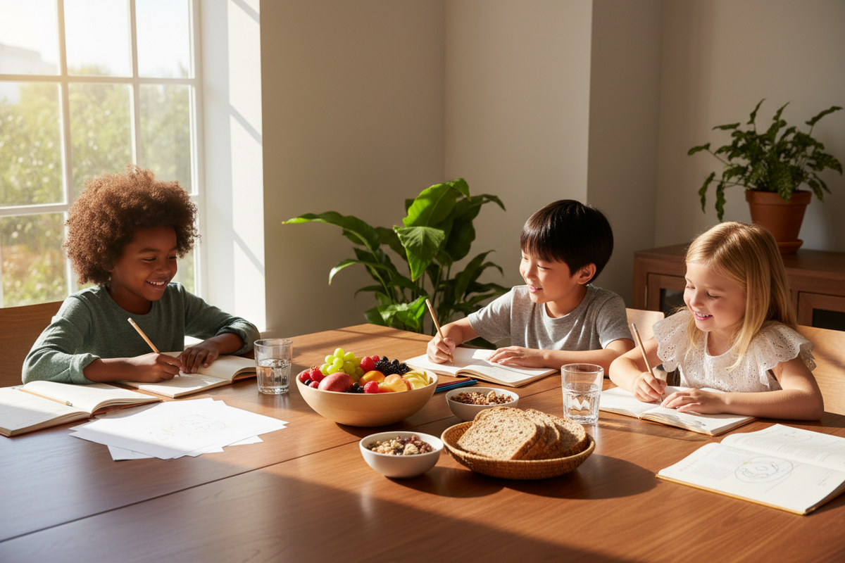 Enfants de différentes origines faisant leurs devoirs ensemble avec des collations saines — alimentation et concentration scolaire