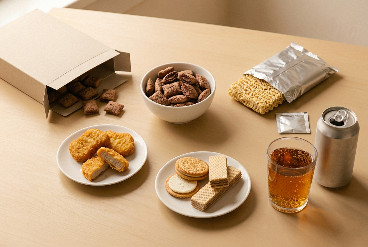 Céréales fourrées, nuggets, nouilles instantanées, biscuits et soda disposés sur une table beige.