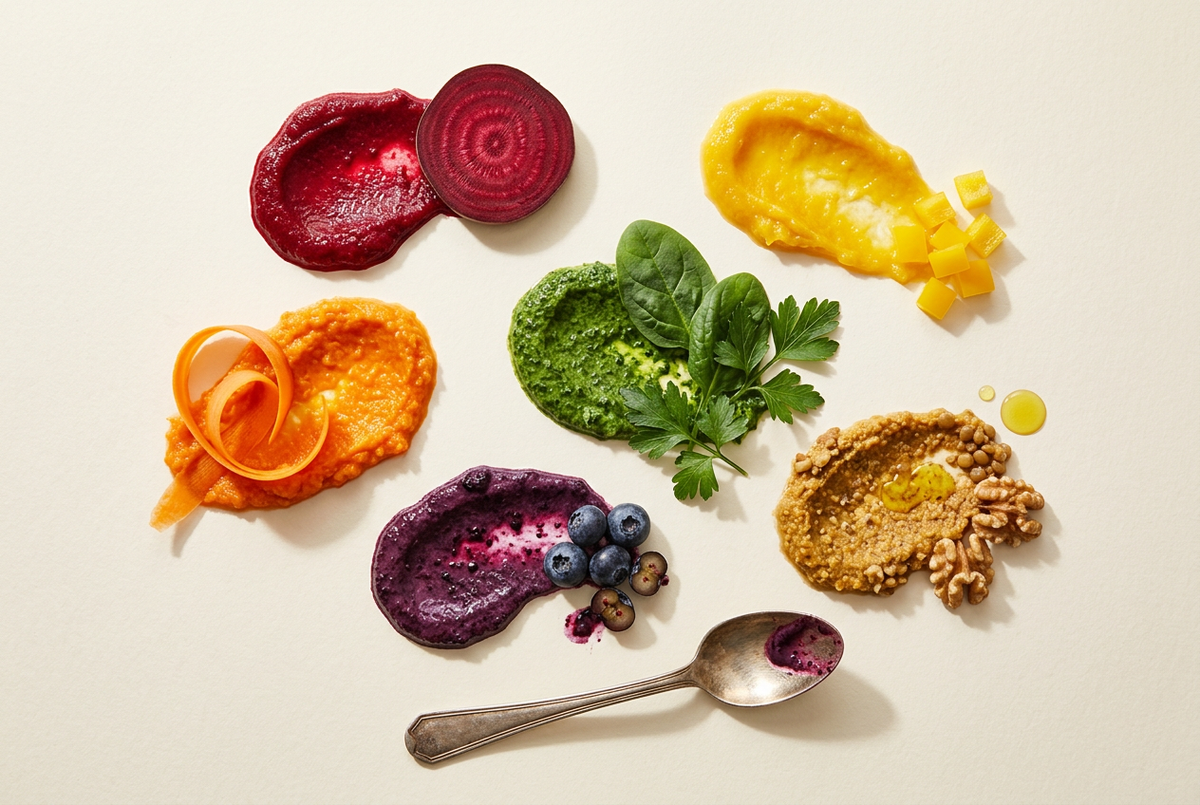 Composition vue du dessus de purées colorées, betterave, carotte, poivron jaune, feuilles vertes, myrtilles et noix, avec une cuillère sur fond ivoire. 