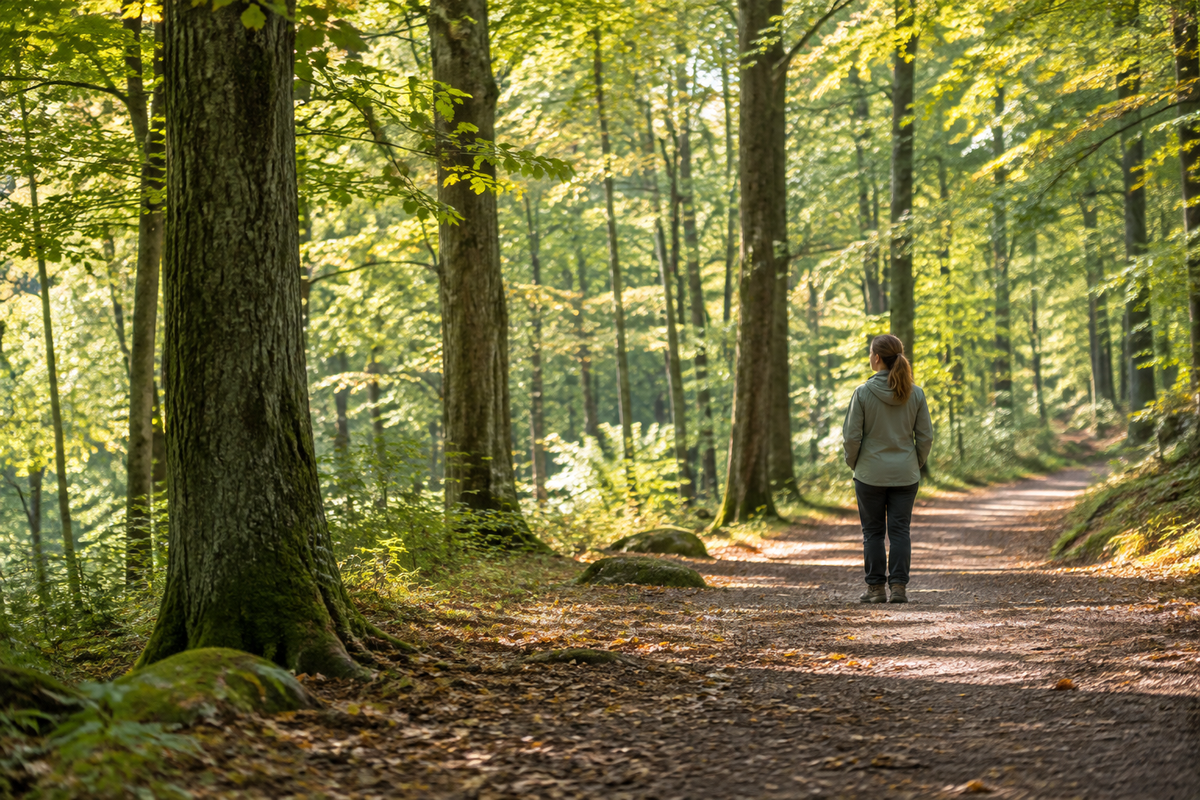 Une femme vue de dos fait une pause sur un sentier forestier, sous des arbres éclairés par une lumière douce.