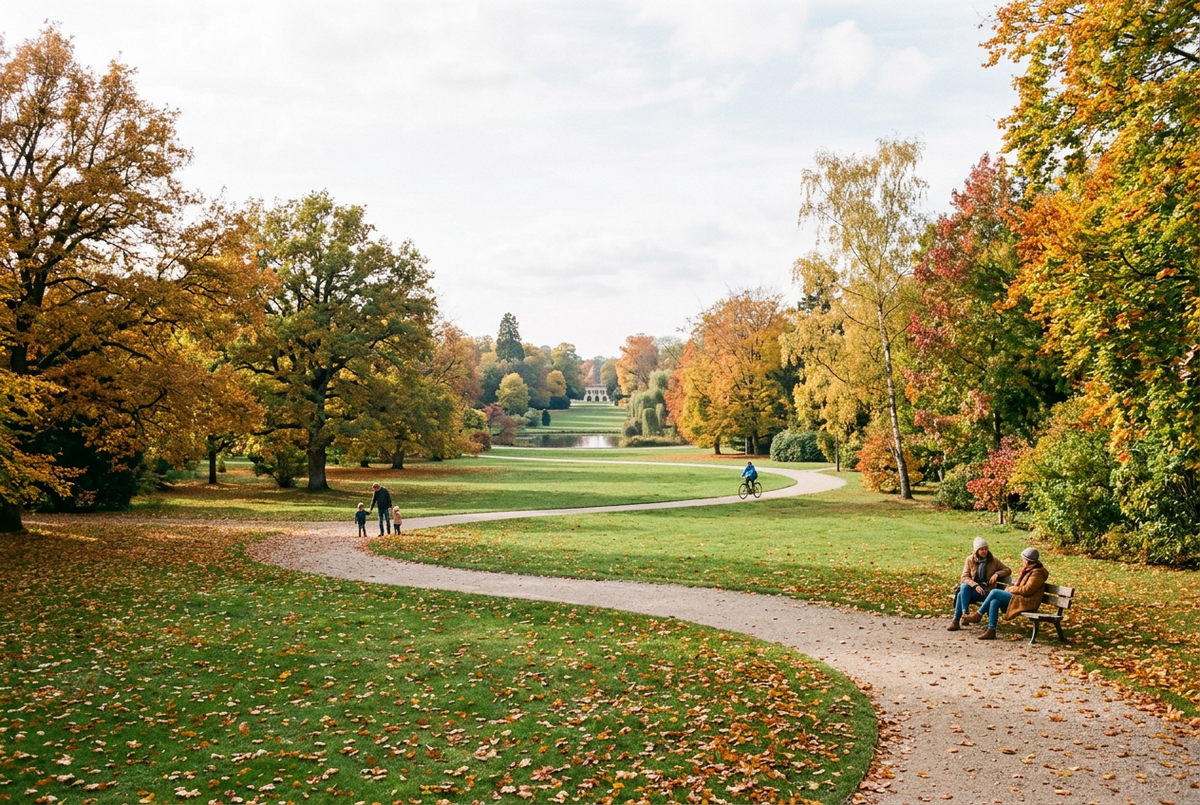 Parc aux couleurs d’automne, avec des promeneurs, un cycliste et deux personnes assises sur un banc