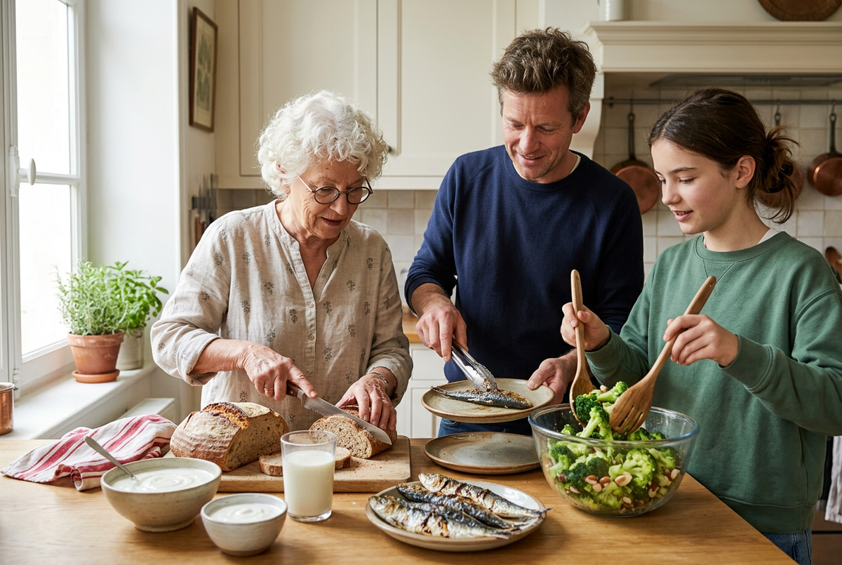Trois générations préparent un repas avec des sardines, du brocoli, du pain, du yaourt et du lait.