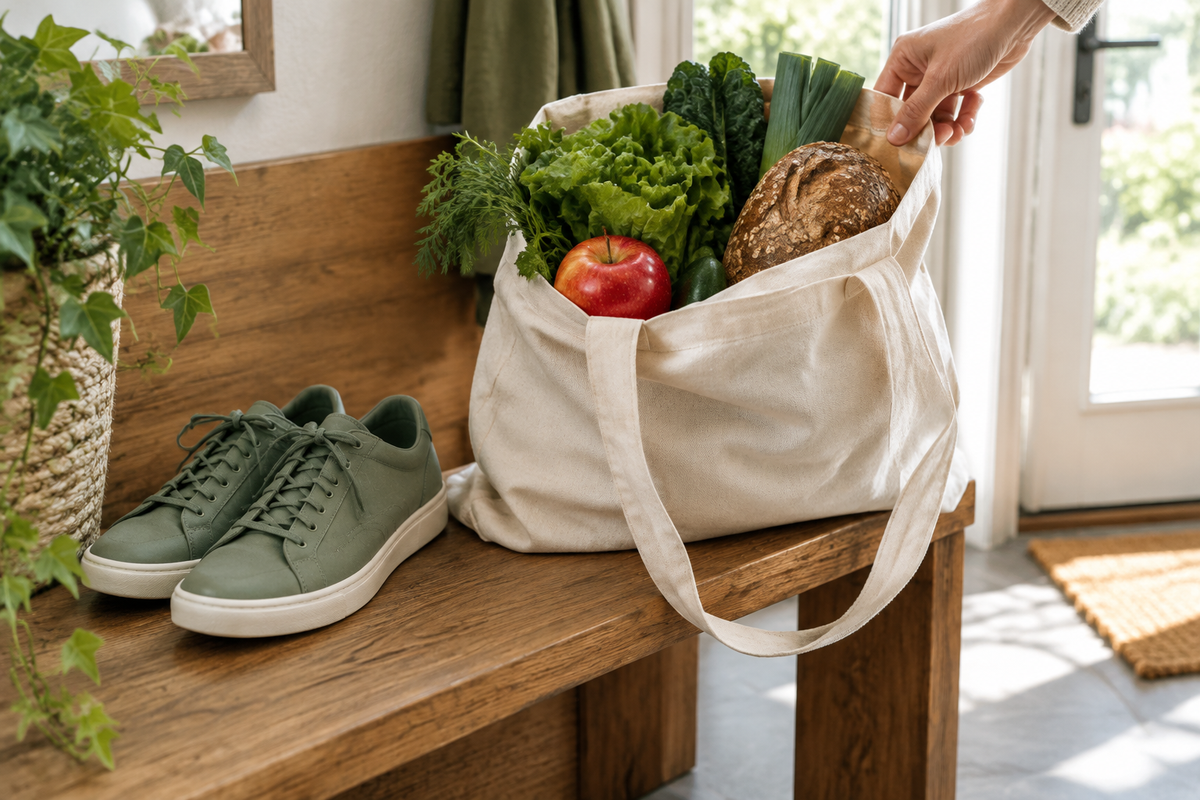 Sac en toile rempli de légumes, d’une pomme et de pain sur un banc en bois, à côté de baskets vertes.