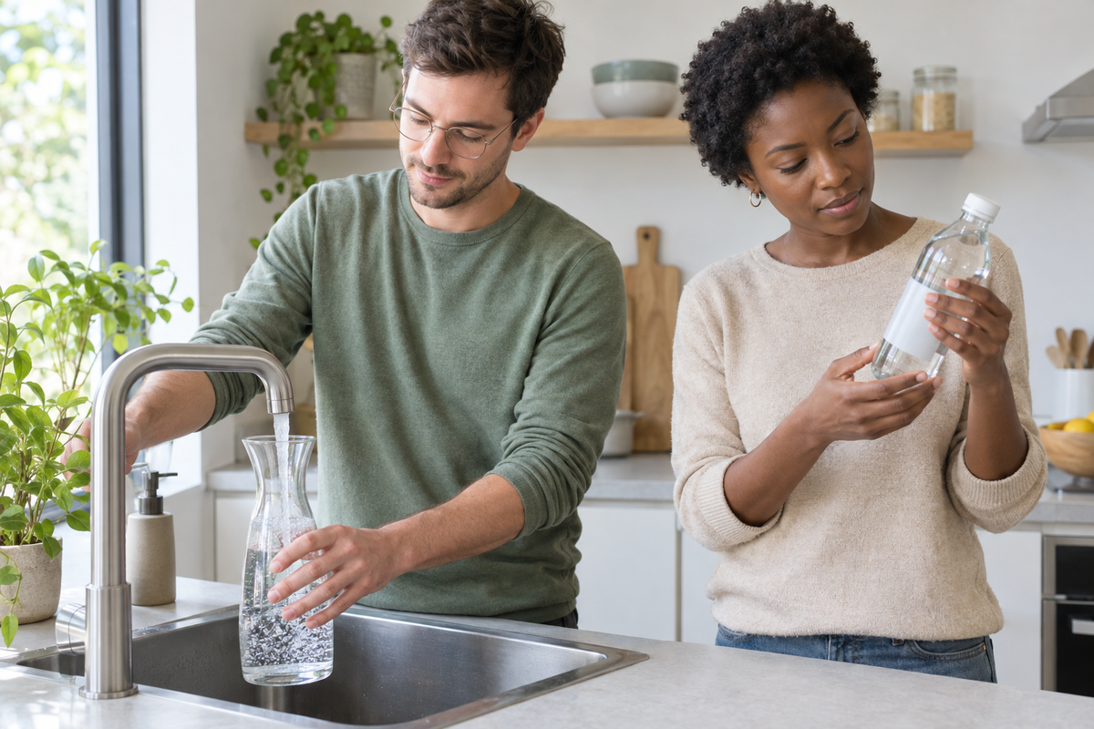 Un homme remplit une carafe au robinet pendant qu’une femme examine une bouteille d’eau dans une cuisine