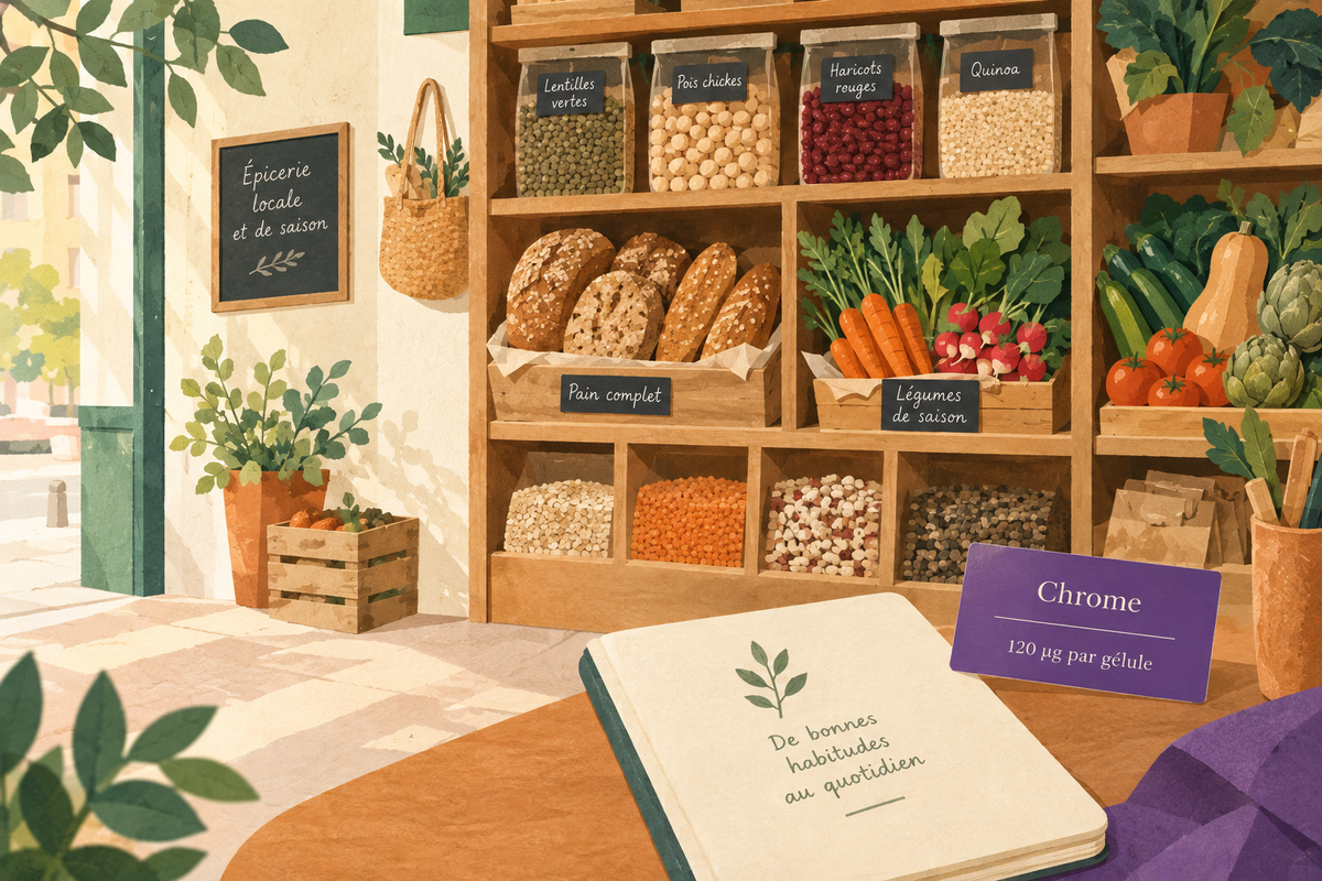 Épicerie illustrée avec légumes secs, pain complet et légumes, carnet et carte violette Chrome, 120 µg par gélule.