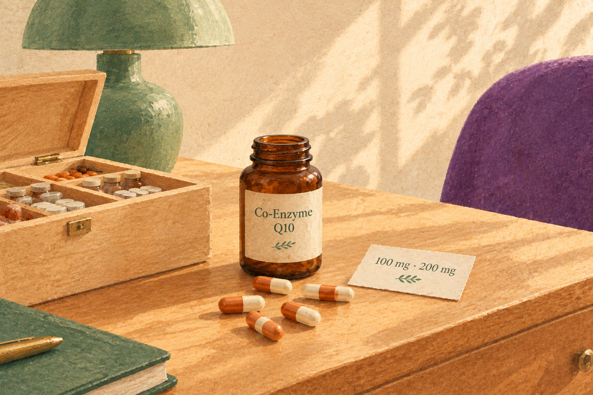 Illustration d’un flacon étiqueté Co-Enzyme Q10 et de gélules bicolores sur un bureau en bois, avec une carte indiquant 100 mg et 200 mg.