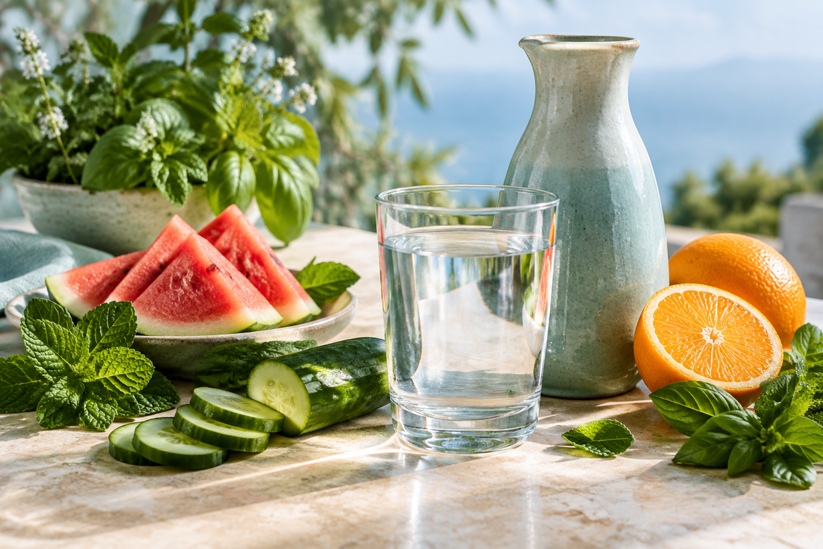 Verre d’eau posé près d’une carafe et d’aliments riches en eau pour illustrer les besoins d’hydratation au quotidien