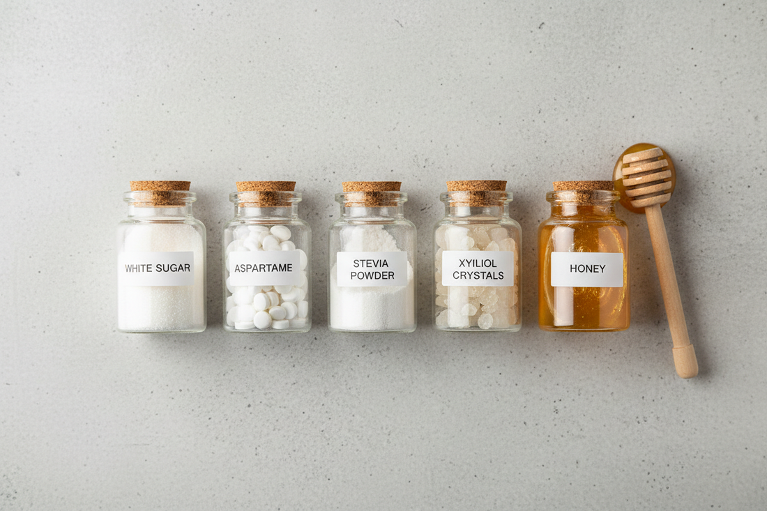 Comparatif des édulcorants : sucre blanc, aspartame, stévia, xylitol et miel dans des petits pots en verre — tour d'horizon des alternatives au sucre