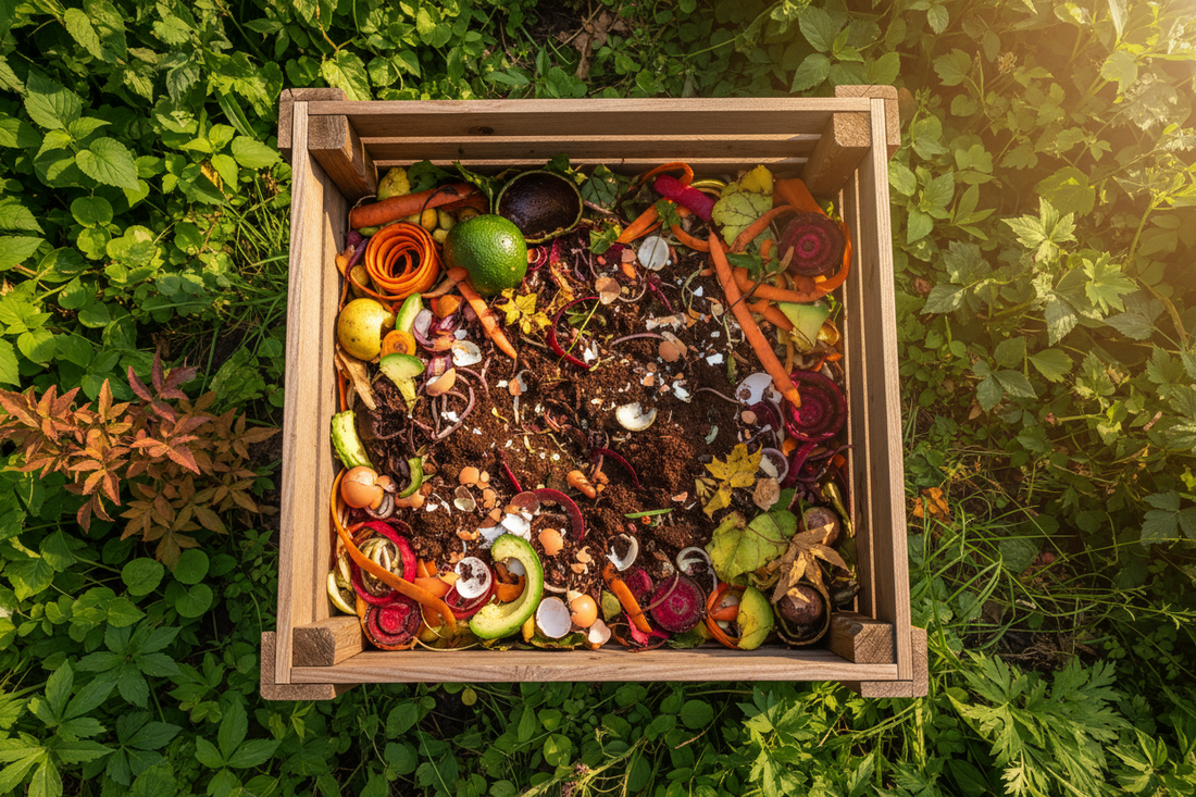 Bac à compost en bois rempli d'épluchures de légumes, marc de café et feuilles mortes dans un jardin – guide du compostage maison