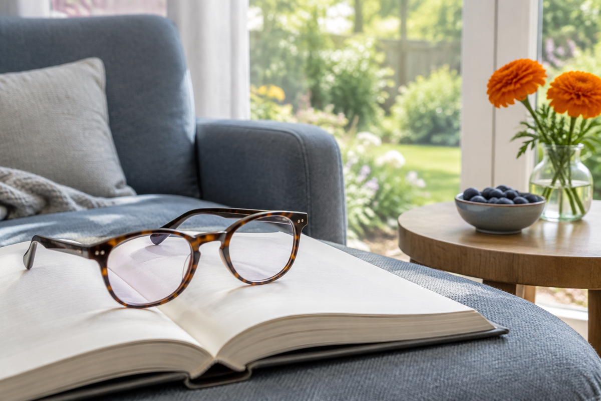 Lunettes posées sur un livre ouvert près d’un fauteuil bleu, avec des myrtilles et des fleurs orange sur une table.