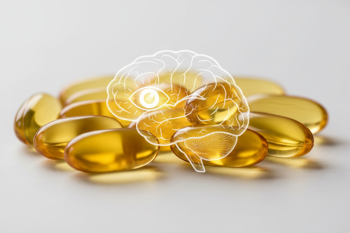 Capsules dorées sur fond clair, avec un dessin superposé de cerveau et d’œil.