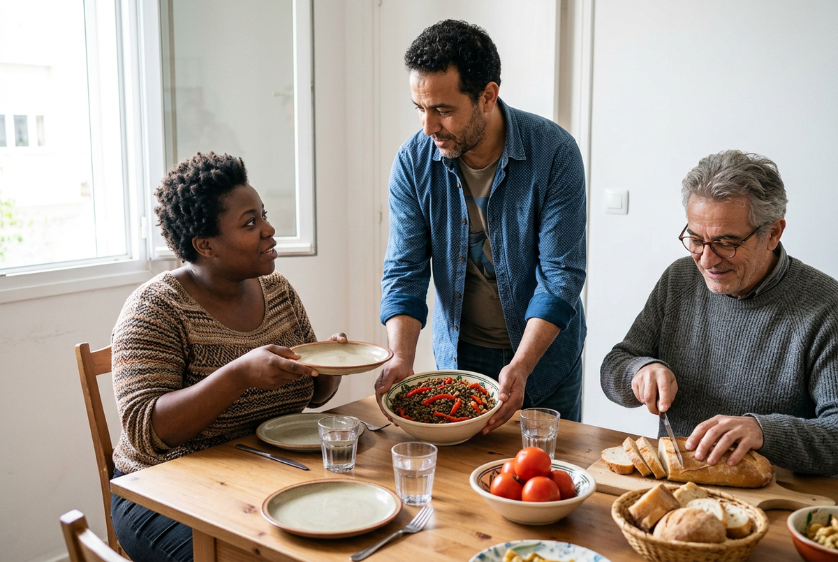 Trois adultes partagent un repas : un homme apporte un saladier de lentilles aux poivrons, une femme tend une assiette et un autre homme coupe du pain.