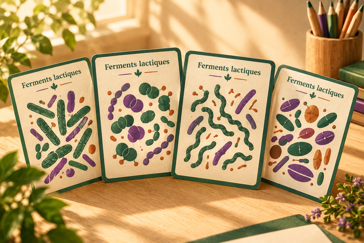 Illustration pédagogique de ferments lactiques sur quatre cartes crème et vertes, avec des formes microbiennes stylisées