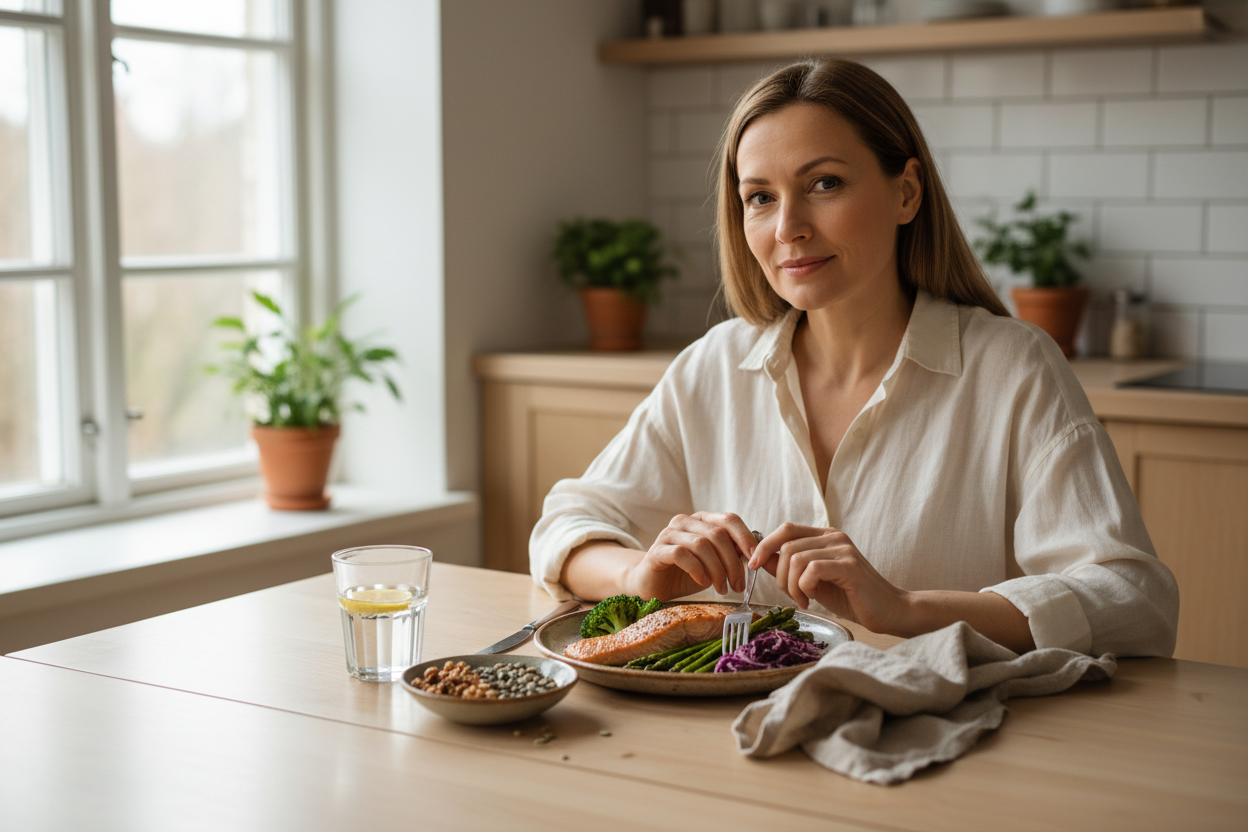 Femme mangeant un repas anti-inflammatoire équilibré pour soulager la fibromyalgie