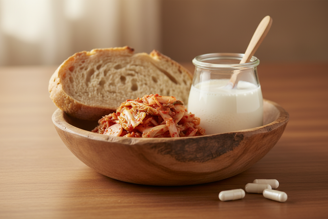 Aliments fermentés pour la flore intestinale — choucroute, kéfir, miso, kombucha, yaourt — sur fond naturel