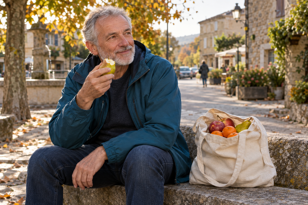 Un homme mange un fruit entier sur un banc de village, à côté d’un sac de fruits.