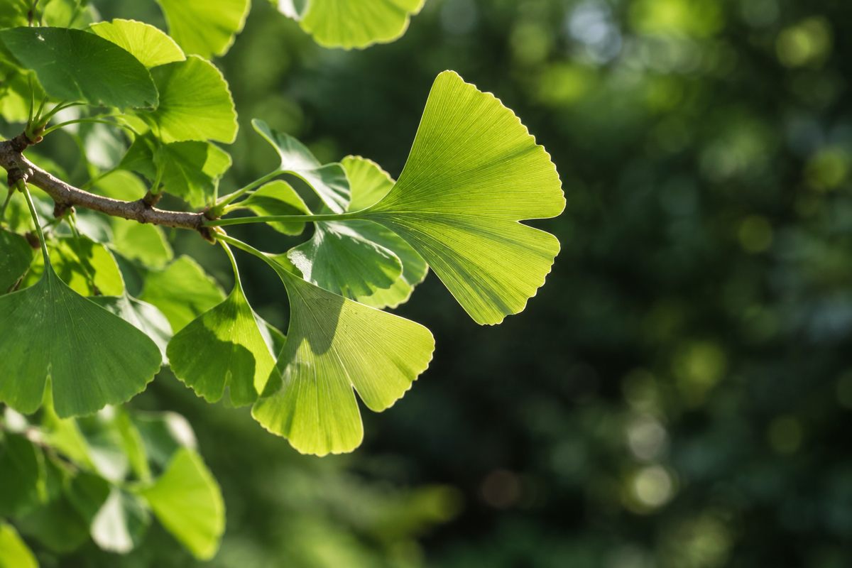 Feuilles vertes de ginkgo en éventail éclairées par le soleil, sur une branche devant un fond végétal flou