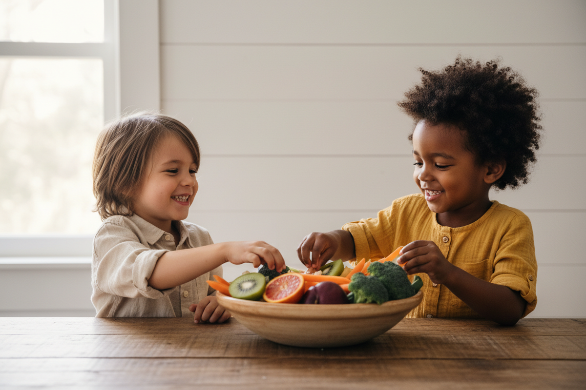 Deux enfants d'origines différentes mangeant ensemble des fruits et légumes frais pour renforcer leur immunité à la rentrée scolaire
