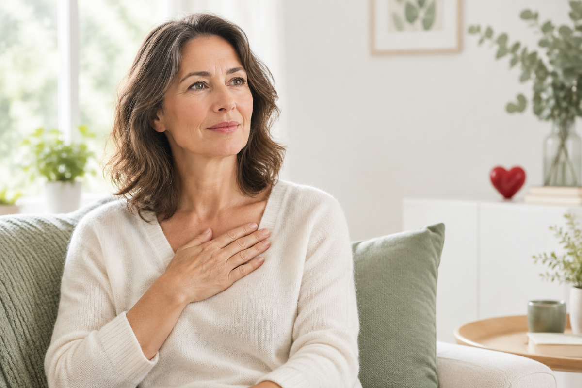 Femme attentive aux signes possibles d’un infarctus et à sa santé cardiovasculaire