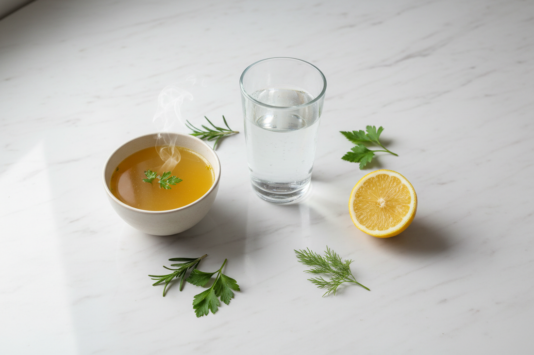 Verre d'eau, bouillon de légumes et herbes fraîches sur marbre blanc — illustration du jeûne et de ses bienfaits pour la santé