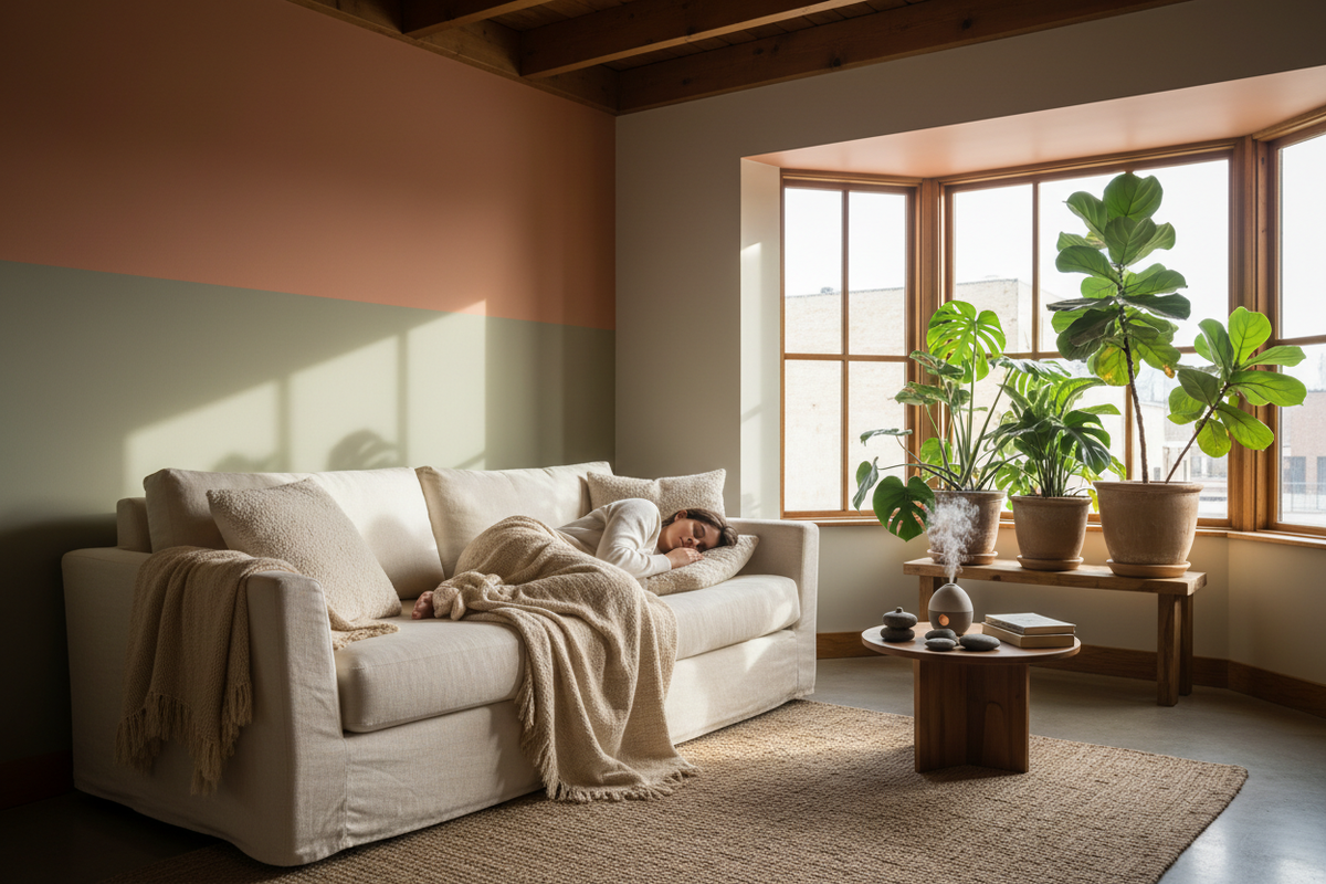 Personne allongée en sieste dans un environnement calme et lumineux — repos, récupération et bien-être naturel