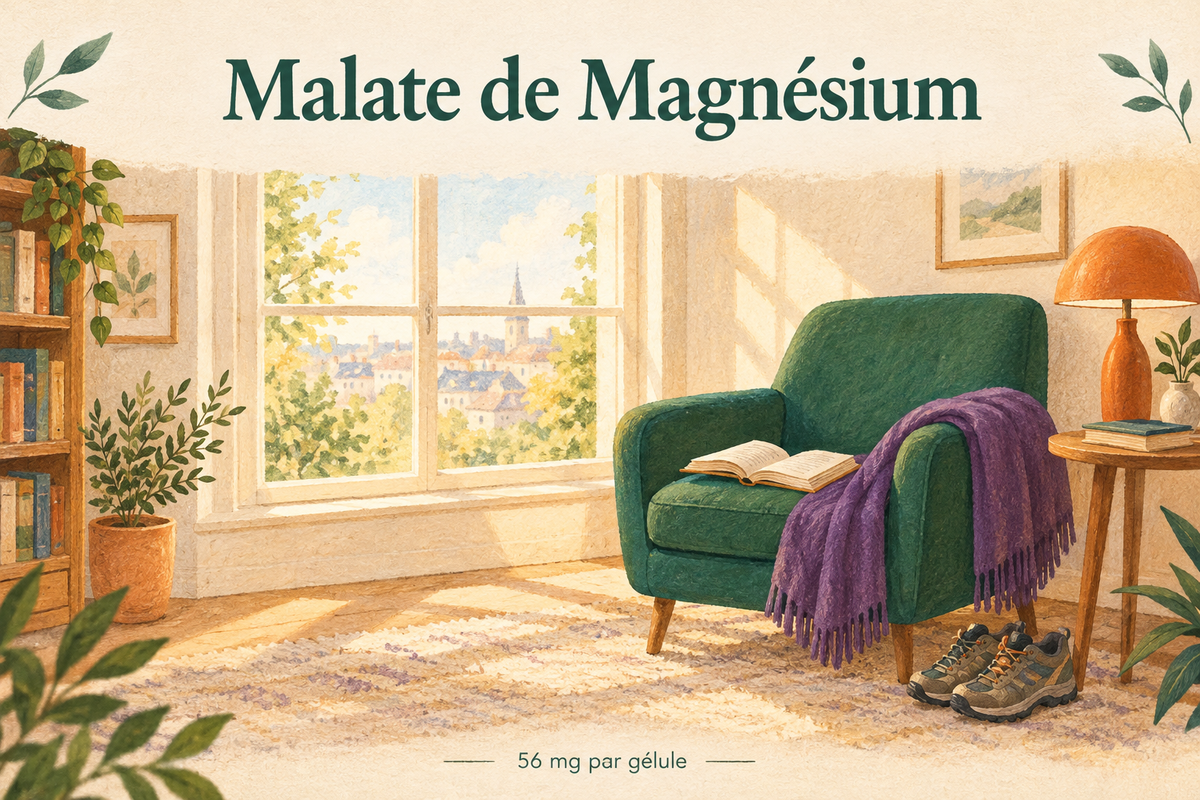 Malate de Magnésium : fauteuil vert, plaid violet, livre et chaussures près d’une fenêtre, avec la mention 56 mg par gélule