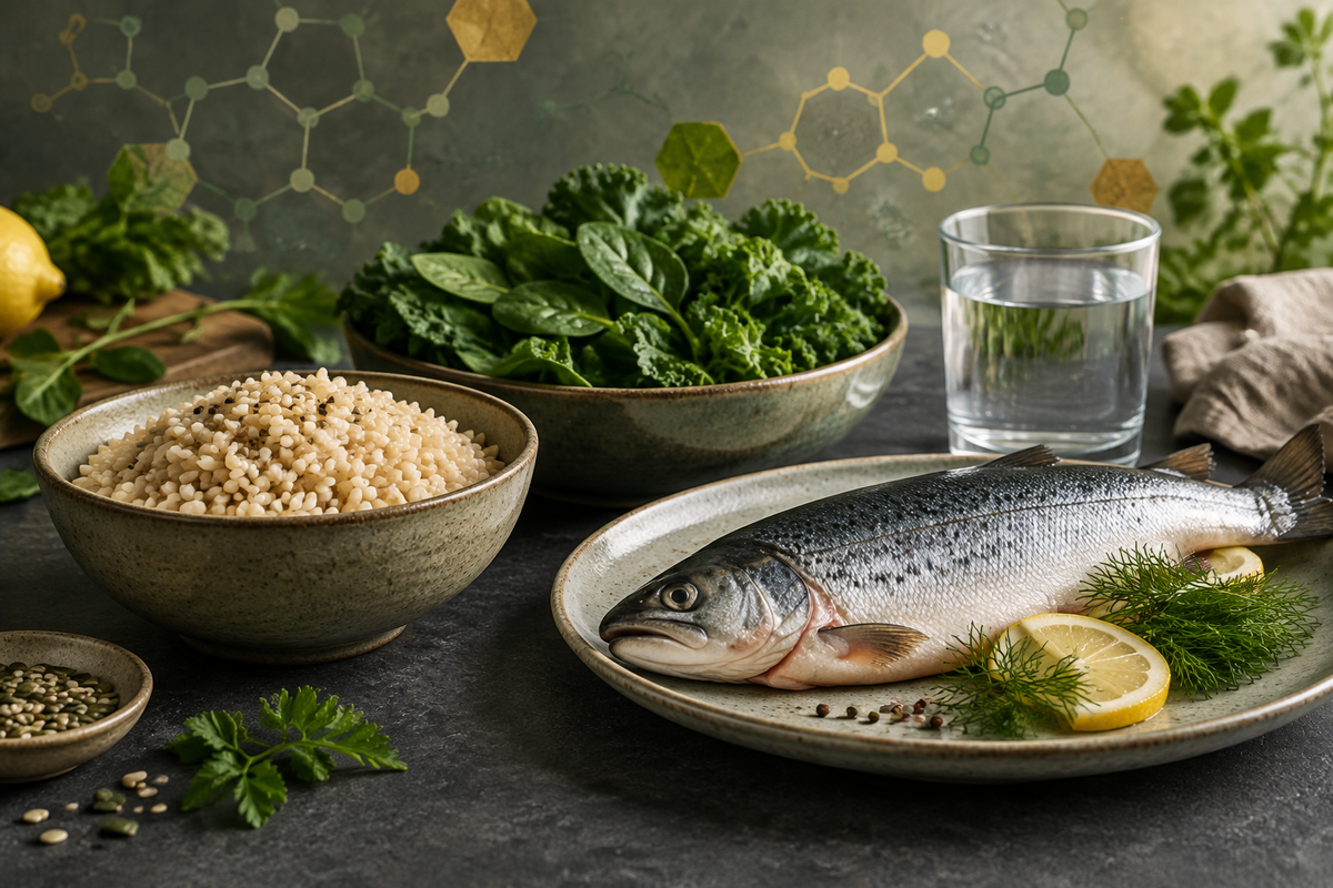 Poisson dans une assiette, bol de céréales, légumes-feuilles et verre d’eau sur une table