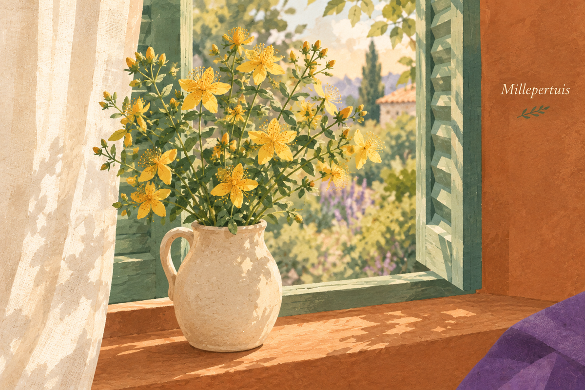 Bouquet de millepertuis aux fleurs jaunes dans un pichet crème, près d’une fenêtre verte ouverte.
