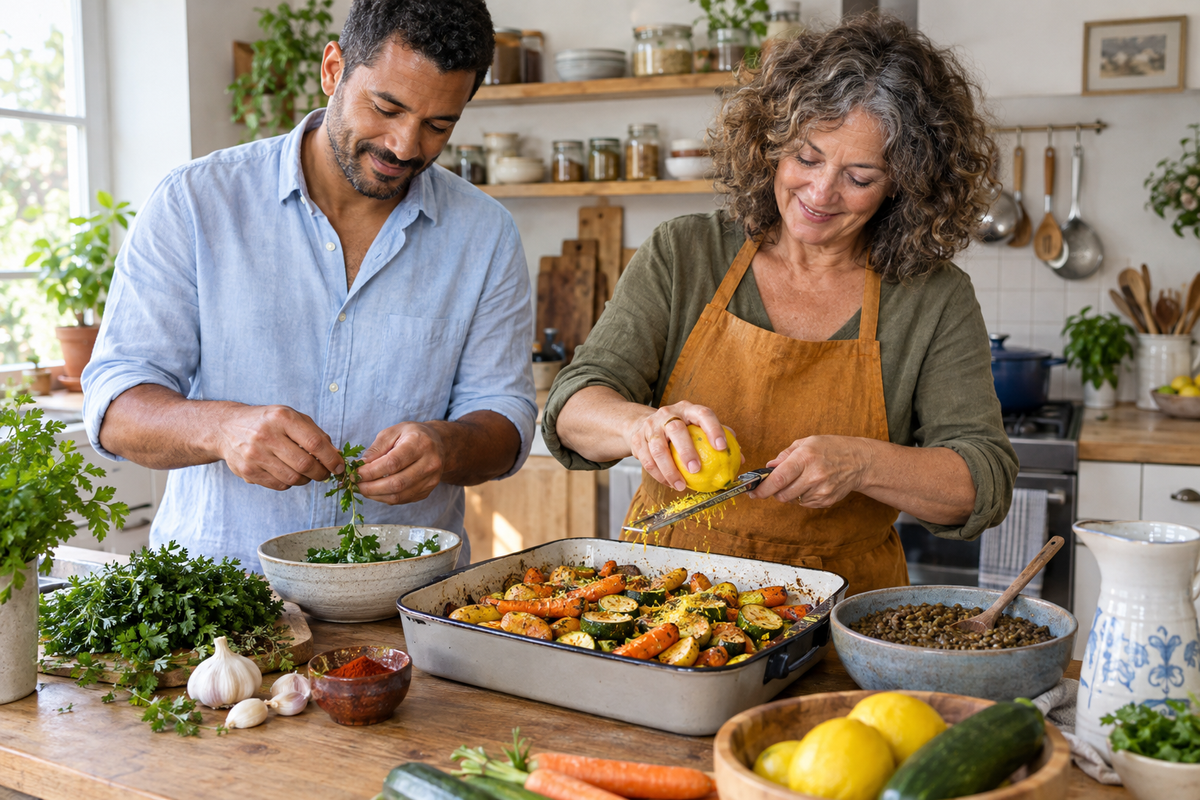 Un homme et une femme assaisonnent des légumes avec des herbes fraîches et du citron dans une cuisine.