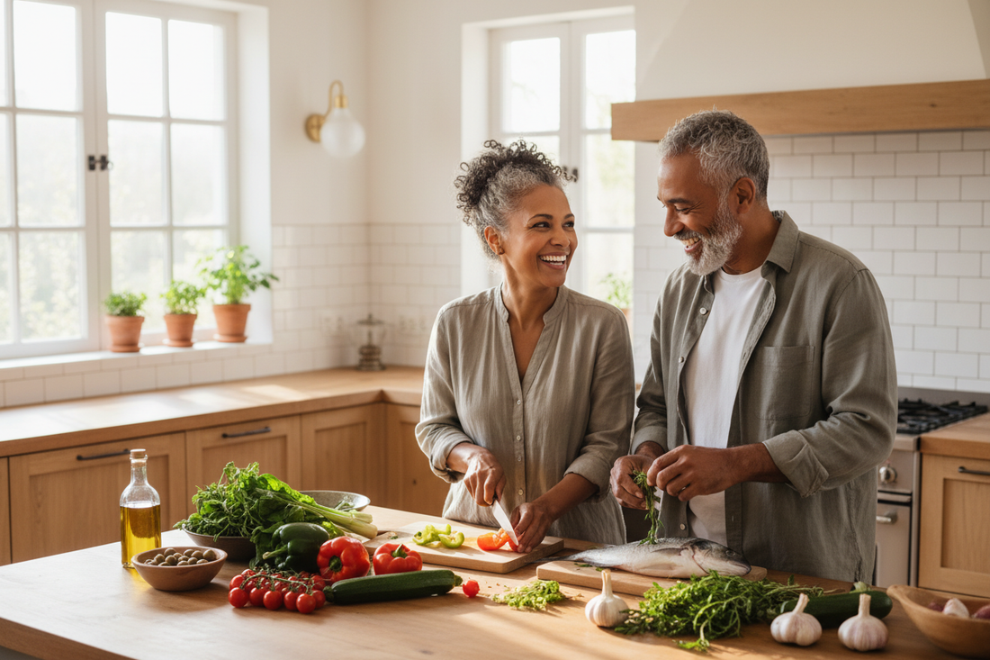 Couple préparant un repas méditerranéen sain — légumes frais, poissons, ail et herbes aromatiques — approche naturelle de l'hypertension