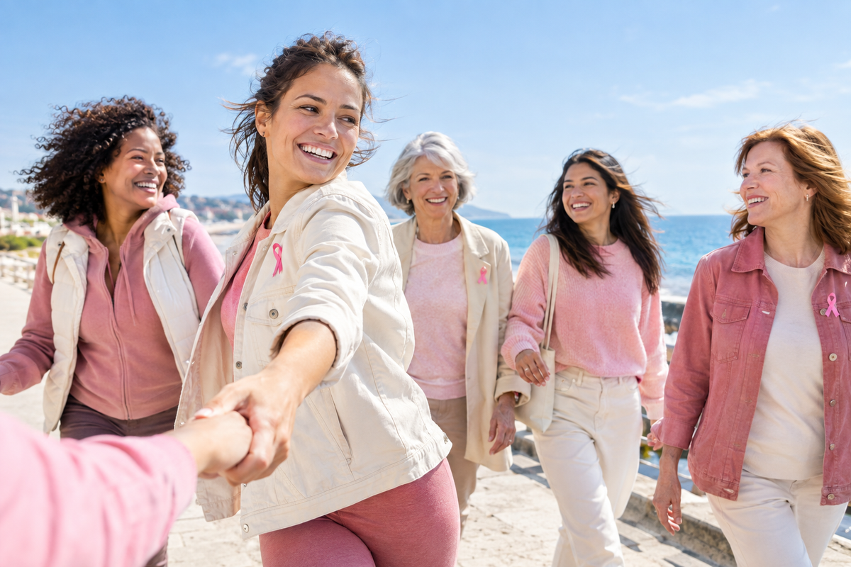 Cinq femmes souriantes portant des tenues roses et écrues, avec une main tendue au premier plan et des rubans roses.