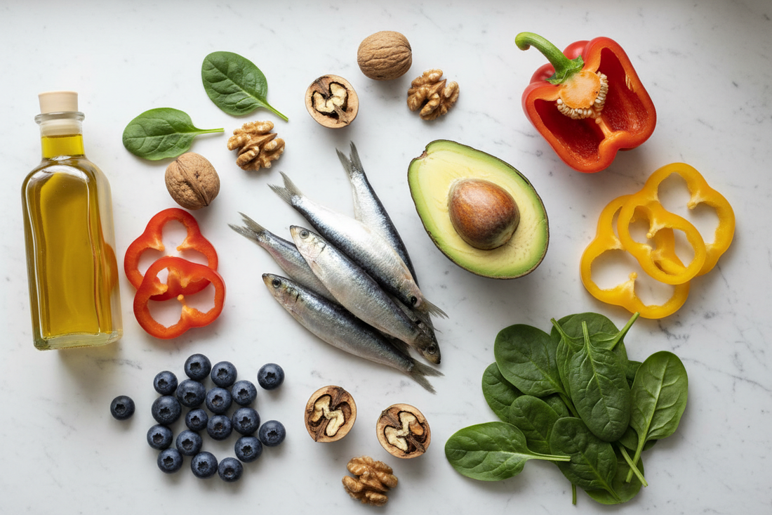 Aliments antioxydants et oméga-3 pour la santé artérielle : sardines, noix, avocat, poivrons, huile d'olive et myrtilles sur fond blanc