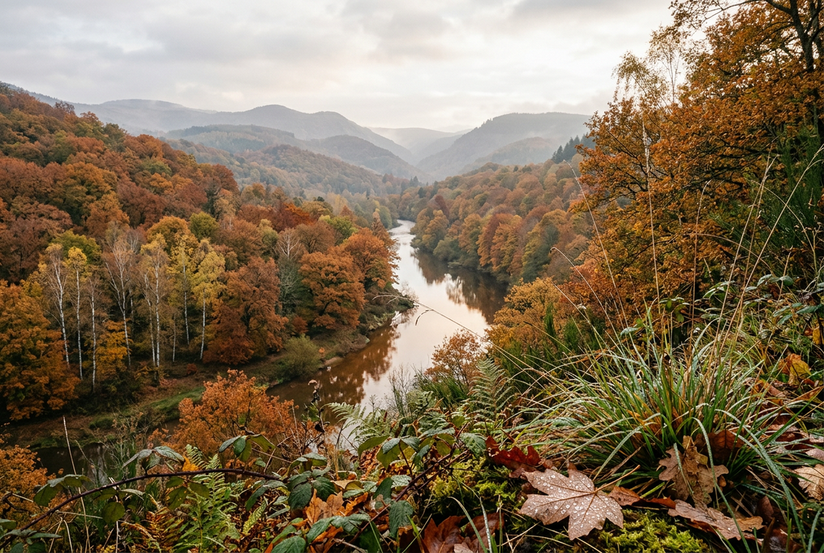 Une rivière serpente dans une vallée boisée aux couleurs d’automne, avec des collines brumeuses à l’arrière-plan.