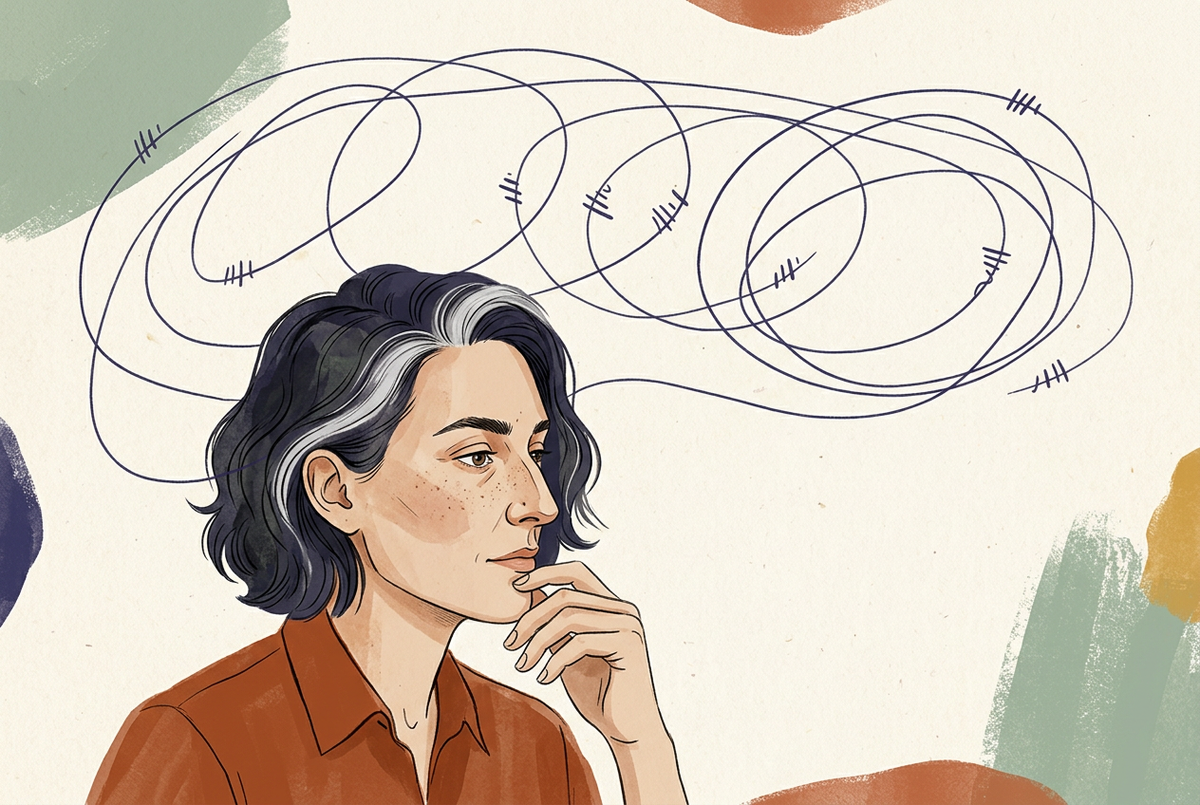 Portrait illustré d’une personne pensive, entourée d’un fil en boucles symbolisant les pensées répétitives.