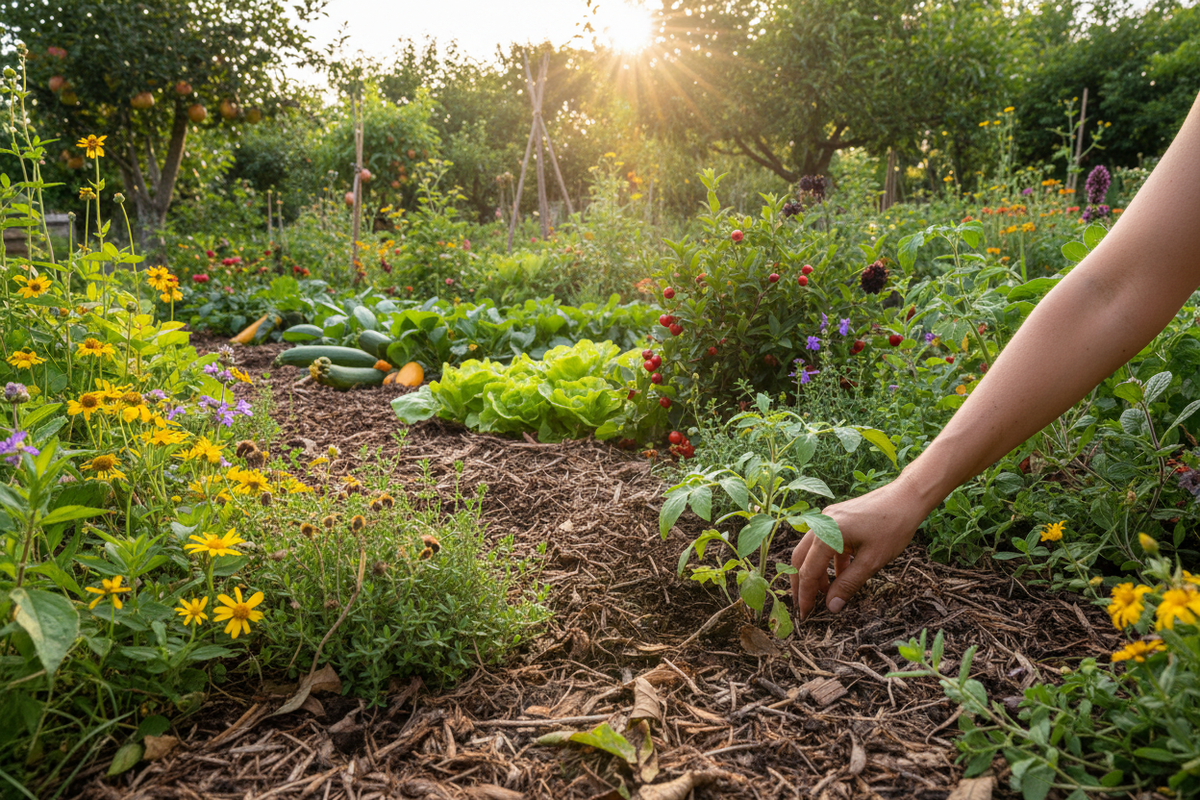 Jardin-forêt permacole aux strates végétales multiples, main soignant un plant dans un sol vivant paillé — Permaculture : principes, alimentation saine et santé naturelle