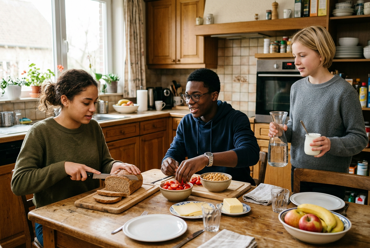 Trois adolescents préparent un repas avec du pain, des tomates, des pois chiches et un yaourt dans une cuisine familiale.