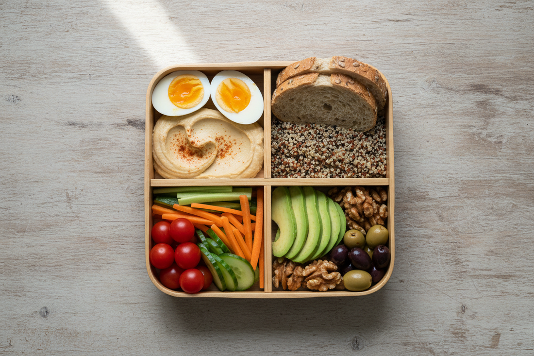 Boîte bento équilibrée illustrant la méthode des 4 compartiments : protéines, glucides complexes, légumes et bonne matière grasse — Ma Vie Naturellement