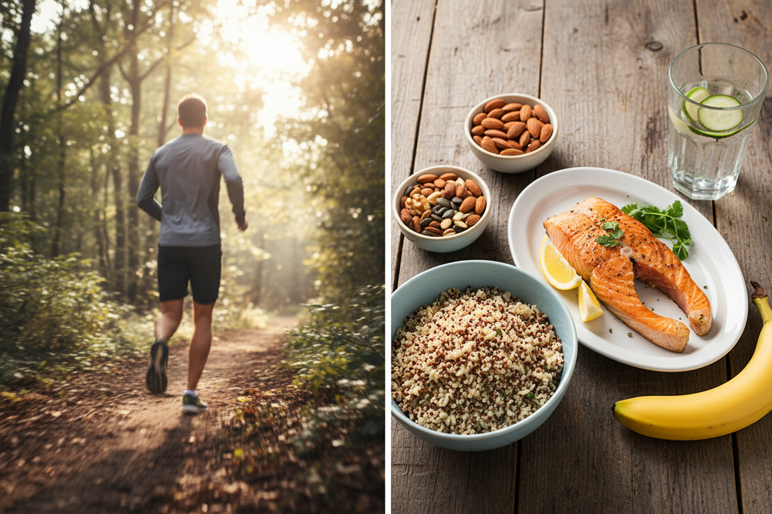 Sportif en course à pied — alimentation sportive, magnésium, oméga-3 et hydratation pour la performance et la récupération