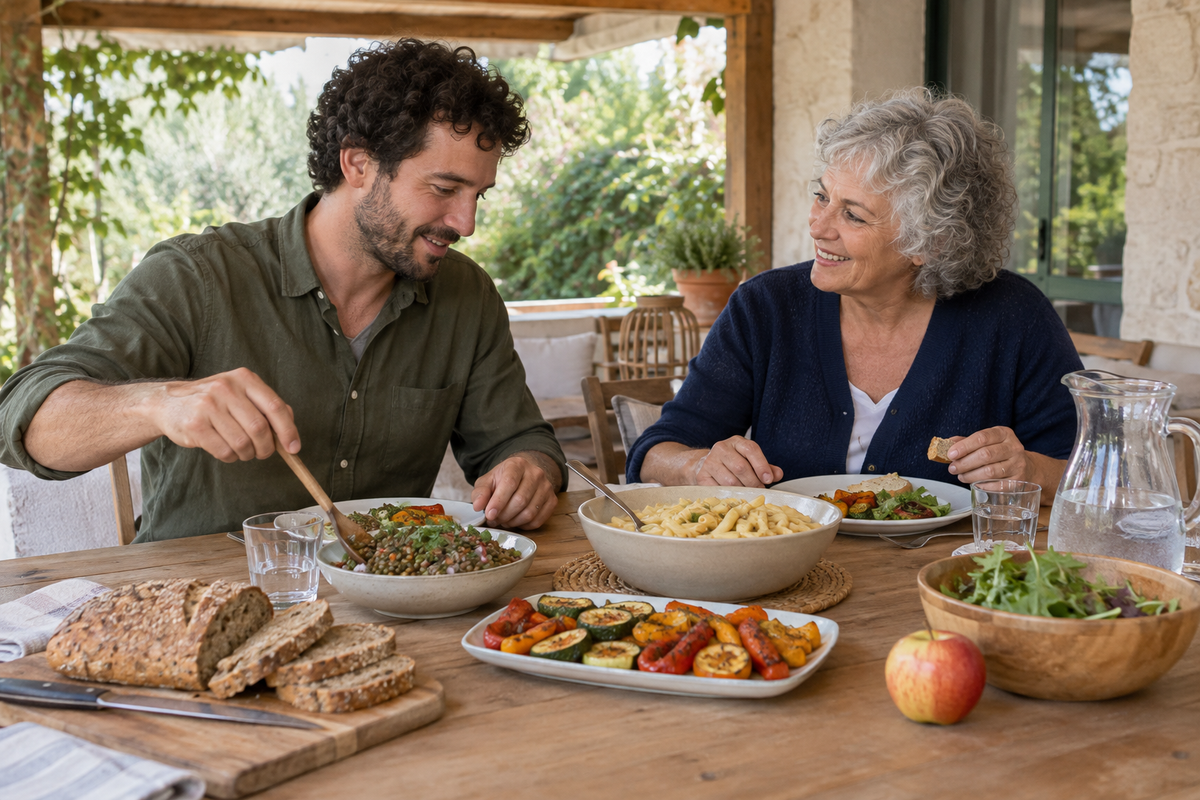 Un homme et une femme aux cheveux gris partagent un repas avec du pain, des lentilles, des pâtes et des légumes sur une terrasse.