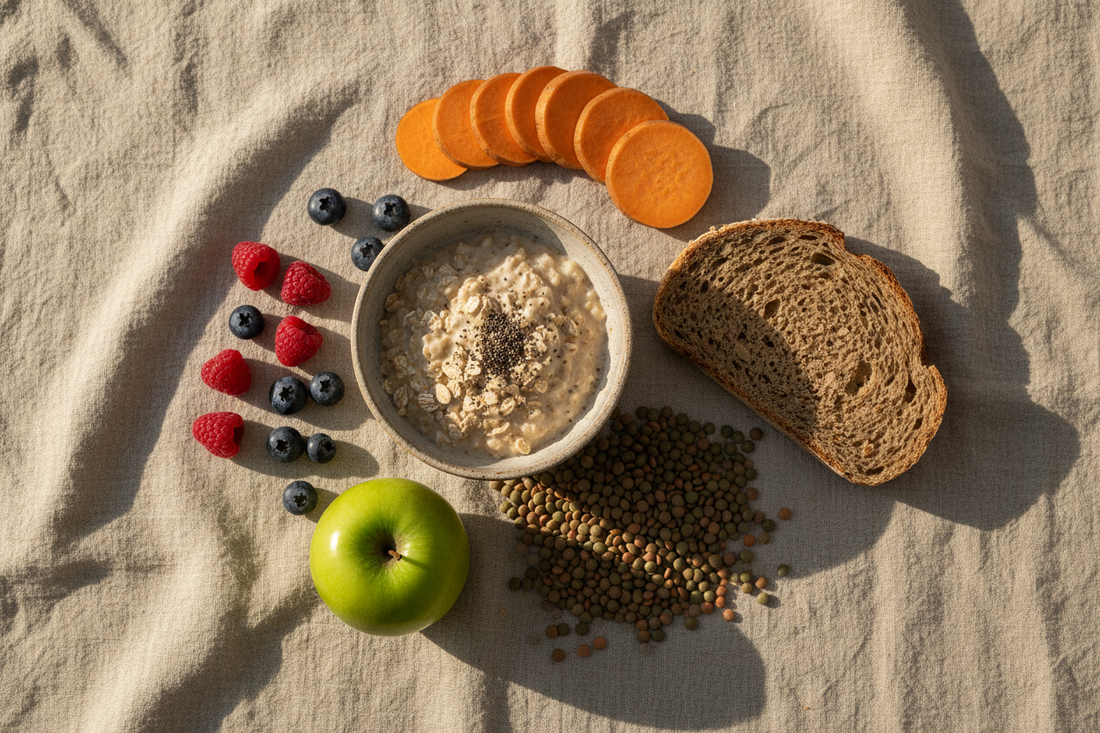 Aliments à index glycémique bas : flocons d'avoine, pain au levain, lentilles, patate douce, pomme verte et baies — alimentation équilibrée Ma Vie Naturellement