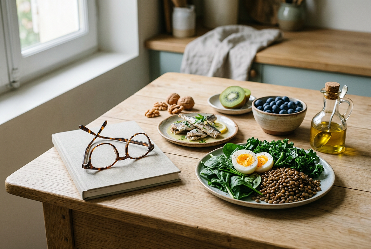Lunettes sur un carnet près d’un repas de lentilles, légumes verts et œuf, avec sardines, fruits et noix.