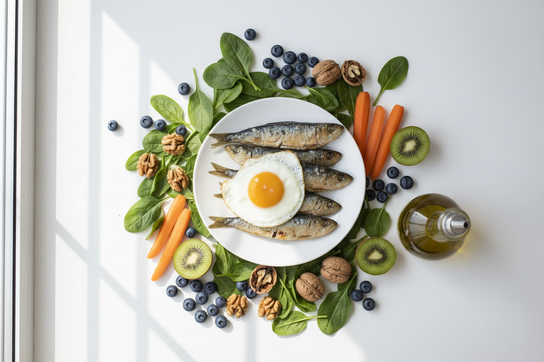 Épinards, carottes, myrtilles, noix, kiwi, œuf, sardines et huile d'olive — aliments clés pour la santé oculaire